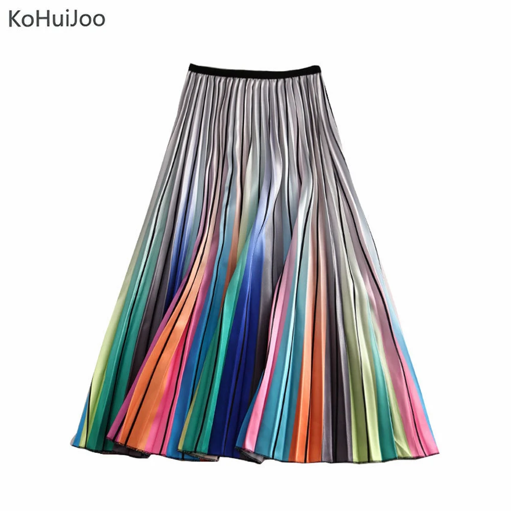 KoHuiJoo Европа Вертикальная Полосатая юбка Женская высокая талия Радуга градиент плиссированная юбка высокая уличная линия миди юбки женские