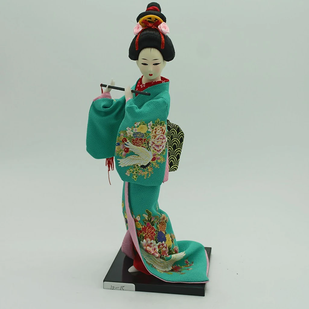 Traditional Japanese Standing Geisha Doll Model Kimono Doll Vintage Decor Doll Wearing Green Clothes & Flute