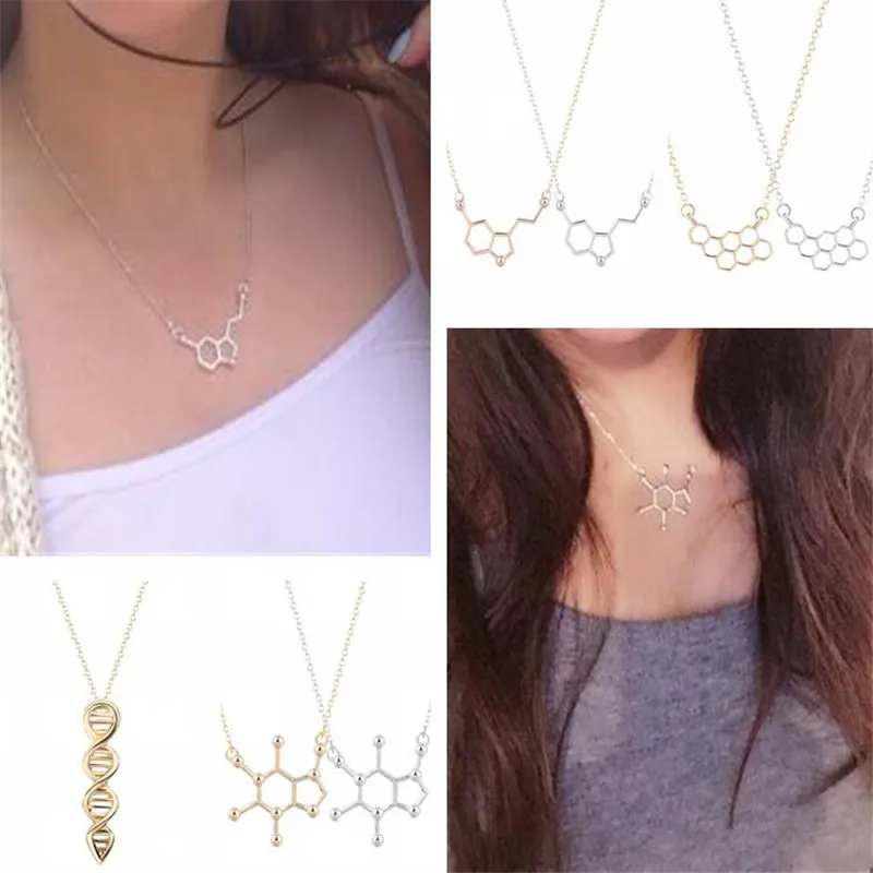 

QIAMNI Serotonin Molecule Chemistry DNA Necklace Geometric Polygon Honeycomb Necklace Dopamine Love Jewelry Christmas Gift