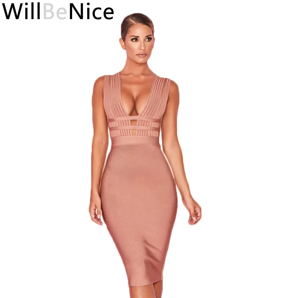 

WillBeNice 2019 New Arrival Apricot Sexy Deep V Neck Bandage Dress High Quality Bandage Dress