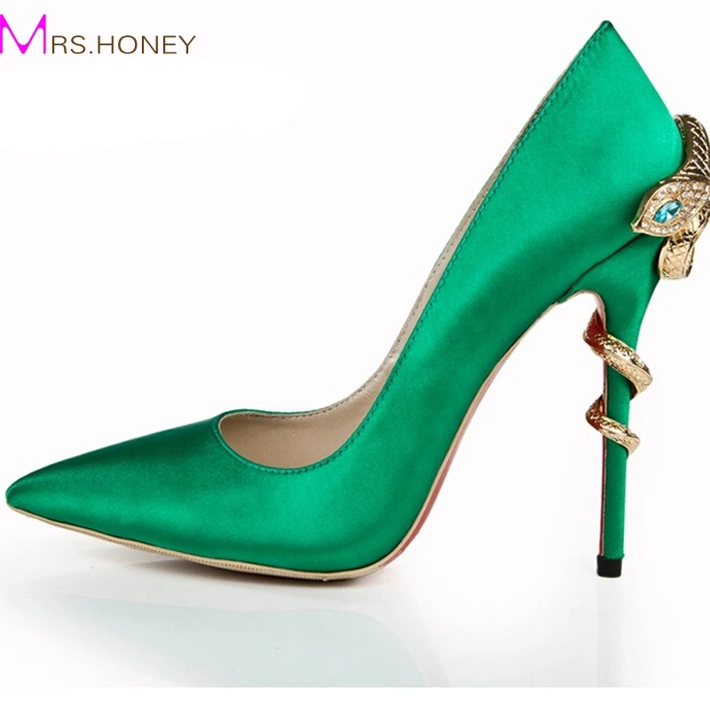 Green Pointed Toe Women Pumps Satin 120mm High Heel Prom Wedding Party Shoes Evening Dress Shoes Fashion Cobra Heels