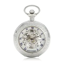 Classic Silver Steampunk Skeleton Roman Numerals Mens Lady Hand-winding Mechanical Pocket Watch W/Chain