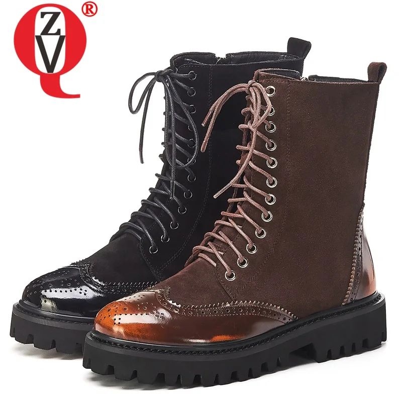 

ZVQ women shoes autumn new fashion genuine leather ankle boots outside mid heels platform cross-tied zip shoes drop shipping