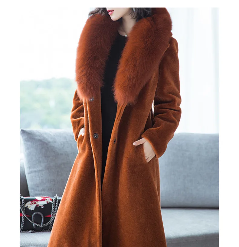 Clearance AYUNSUE Women Winter Sheep Shearling Fur Coat Large Natural Fox Fur Collar Long Warm Real Fur Coats Genuine Wool Jackets 17030 3