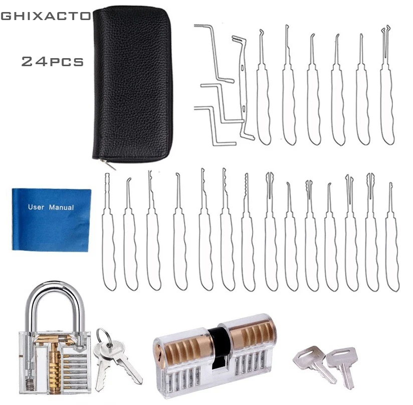 

24pcs Set Locksmith Hand Tools Lock Pick Set Transparent Visible Cutaway Practice Padlock With Practice Key Removing Hooks