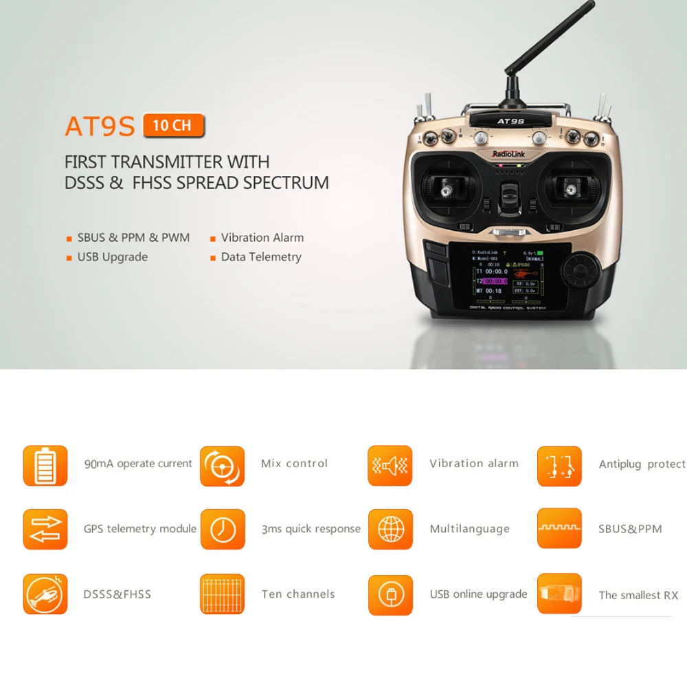 RadioLink AT9S 2.4GHz10CH Remote Control System RC Transmitter Mode 2 & R9DS 10CH Receiver for RC Drone Helicopter Multicopter (16)
