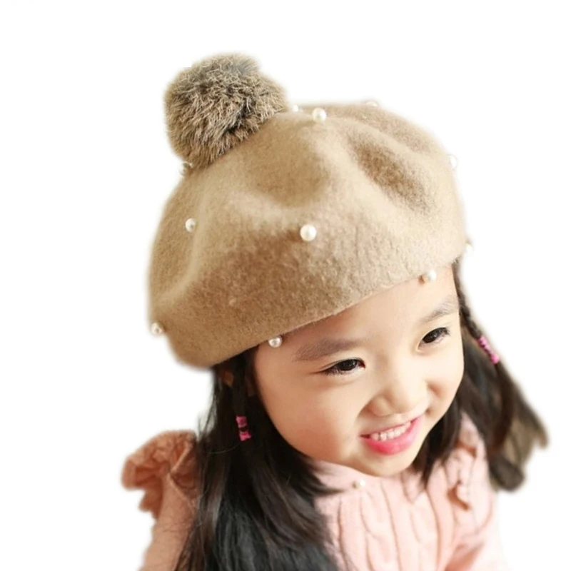 

High Quality Beret Hats For Girls Pearl Beanies Berets Wool Fedoras Hats Children Caps  Solid knitted Baby Cap For Kid Winter