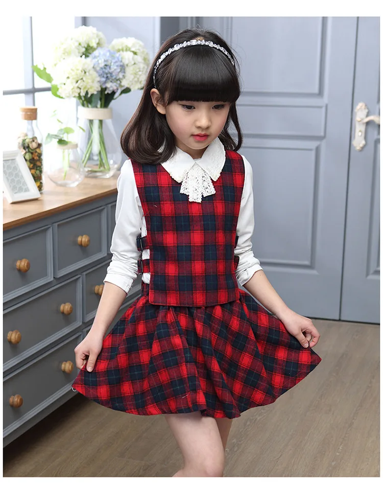 Girls White Shirt Plaid Waistcoat Skirts 3PCS Suit 8