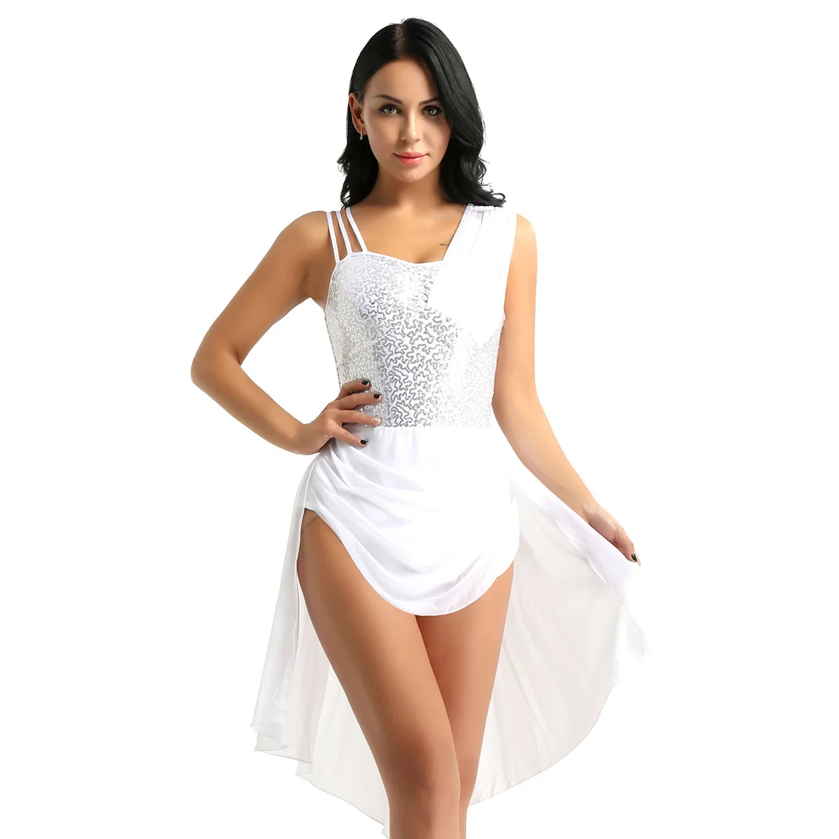 Женское шифоновое балетное трико без рукавов с блестками, для взрослых, лирическое современное танцевальное платье, трико, платье-пачка - Цвет: White