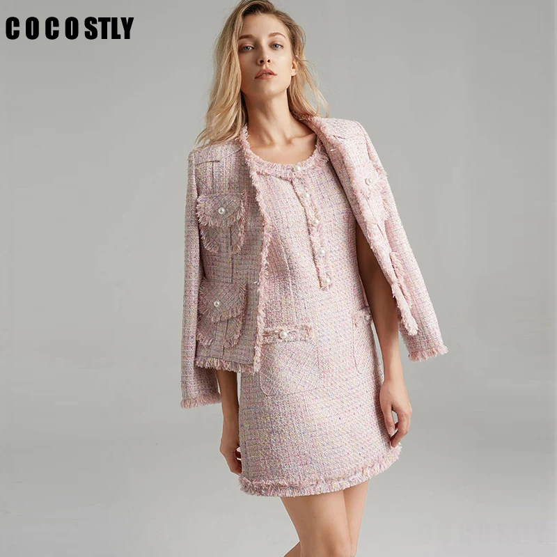 

Small Fragrance Pink Plaid Tweed Jacket 2019 Spring Jacket Women O-Collar Wool Blend Slim Tweed Jackets Coat casaco feminino