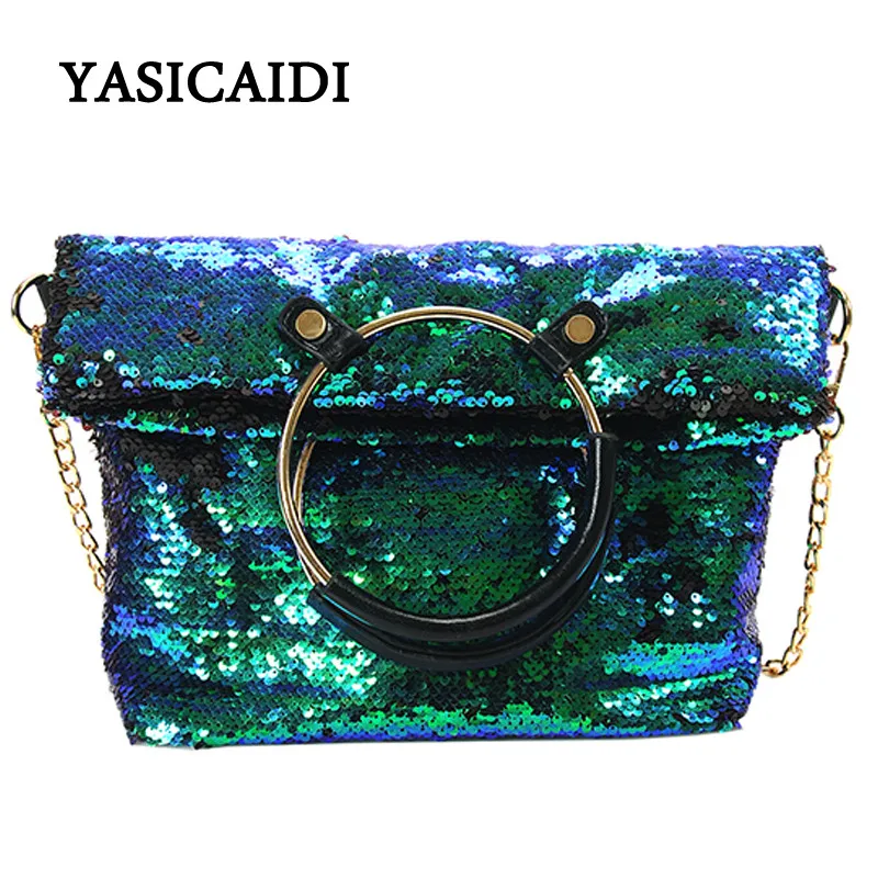 

2017 Spring Fashion Sequined Handbag Iron Ring Foldable Chain Messenger Bag  Designer Brand Pu Leather Banquet Messenger Bag
