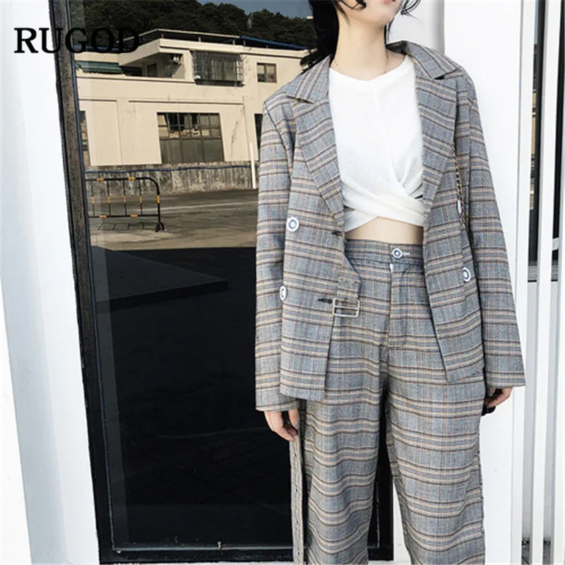 RUGOD Work Fashion Pant Suits new 2 piece set women spring double-breasted plaid Blazer Jacket& pants Office Lady Suits