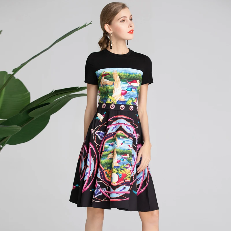 

Red RoosaRosee 2019 New Designer Dresses Women High Quality Short Sleeve Scenery Print Vestido Robe Femme Sweet Lady Mini Dress