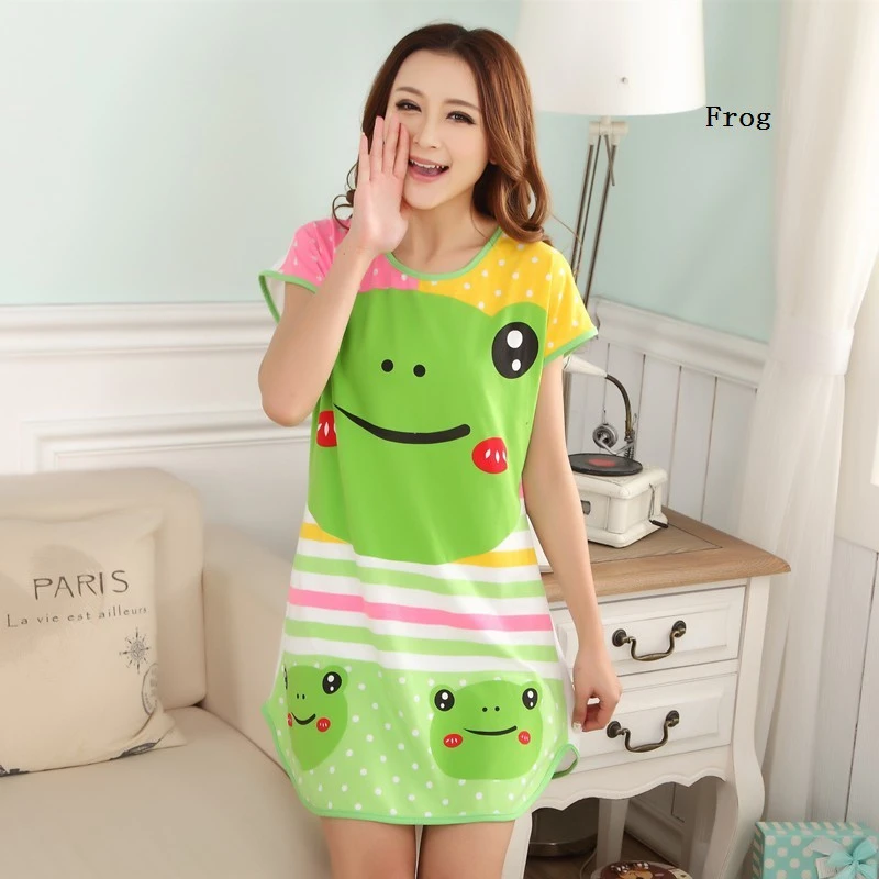 4 Ready Stock Women Pajamas Sleepwear Night Shirt Nightgown Sleep Dress Milk Silk Cartoon Short Sleeve Sleepshirts Home Clothes