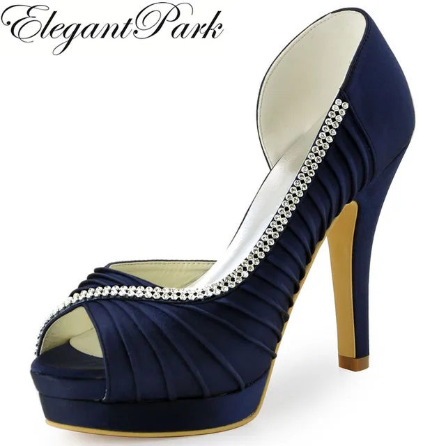 Navy Blue Women wedding Shoes High Heel Platform Pumps Crystal Satin