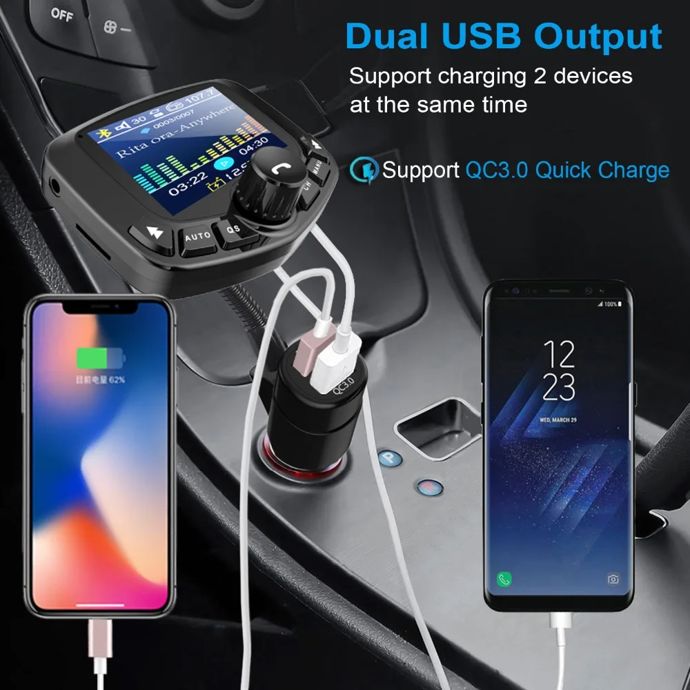 Bluetooth MP3 плеер fm-передатчик модулятор автомобиля 3 USB порта AUX порт QC3.0 TF карта с экраном 1,8 дюйма
