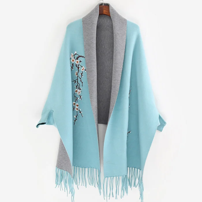 Совершенно дизайн с рукавом пончо шарф Зимний теплый кашемировый плащ с вышивкой кисточкой одеяло обернутый шарф шаль для женщин - Цвет: sky blue