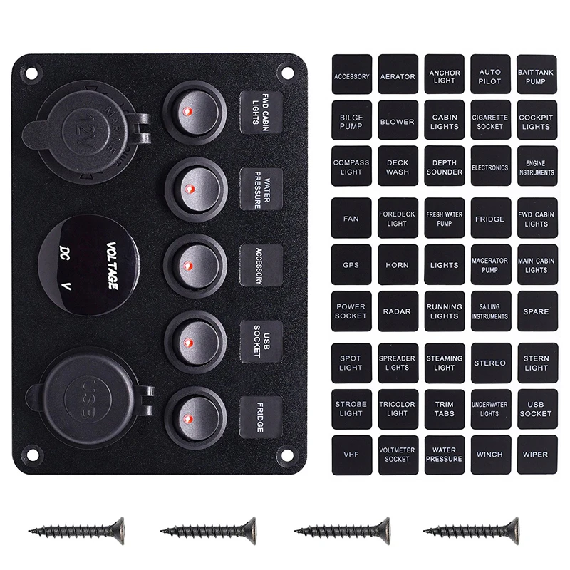  Camión Dual USB carga 5 Gang On-Off interruptor de Control interruptor rojo LED voltímetro interrup