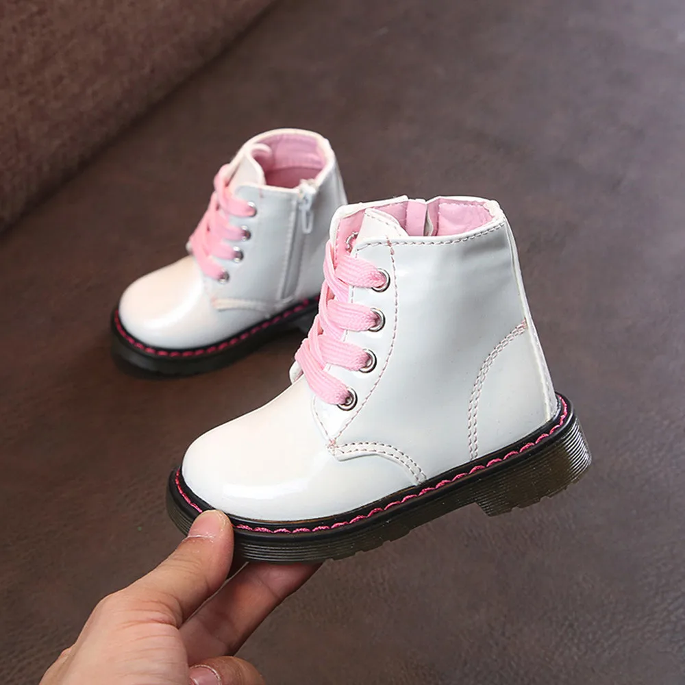 Children Motorcycle boots PU Leather Waterproof Boots Winter Kids Snow Boots Brand Girls Boys Shoes Rubber Sneakers Boots - Цвет: White