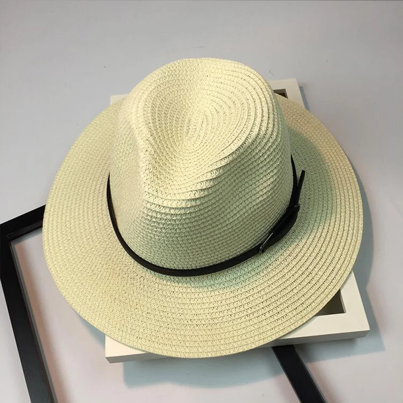 Women-s-Sun-Hat-Leather-Chain-Straw-Flat-Wide-Brimmed-Black-White ...