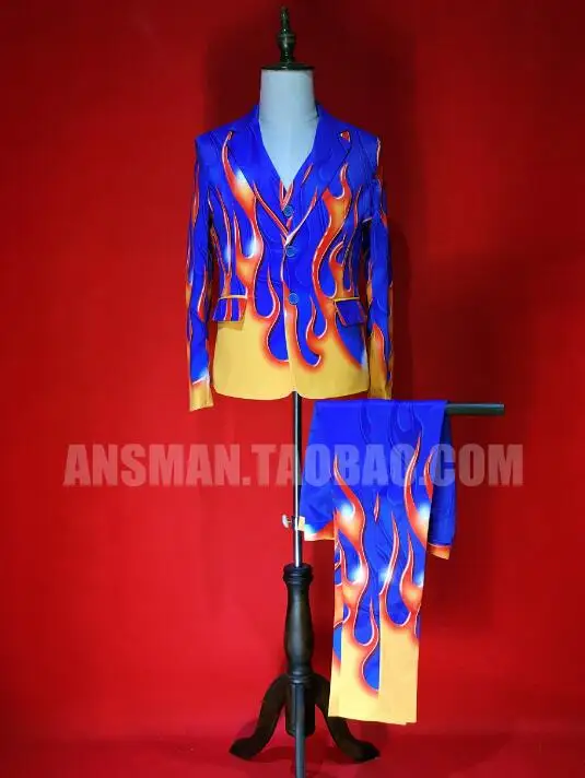 2020 men's fashion singer stage Male model blue bottom red flame high-end elastic tsui costumes three-piece suits costumes 2020 men's fashion singer stage Male model blue bottom red flame high-end elastic tsui costumes three-piece suits costumes