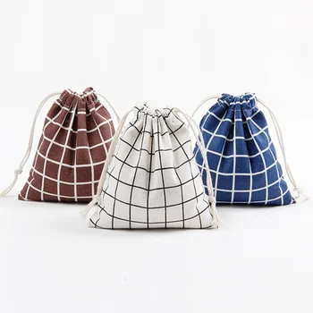 

1pack European Plaid Cotton Linen Jewelry Bags Brown Blue White Color Drawable Packaging Bags High Quality Storage Gift Pouches