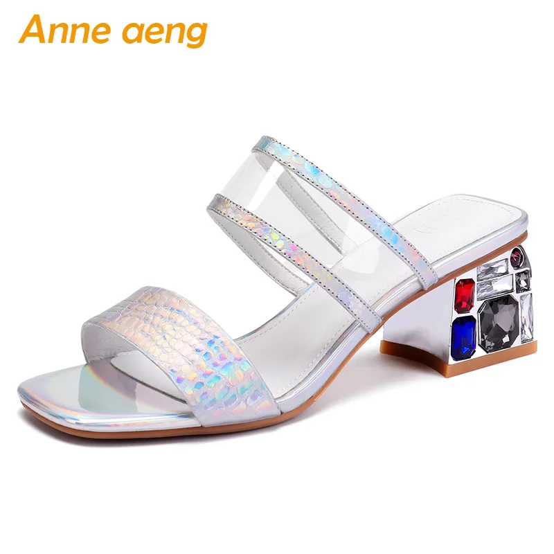 

2019 New Summer Genuine Leather Outside Women Slippers High Square Heel Crystal Casual Women Shoes Silver Female Mules Slides