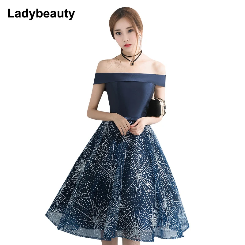 

2018 Boat Neck Pattern Print Women Evening Dress Blue Backless Lace Up Elegant Party Dress