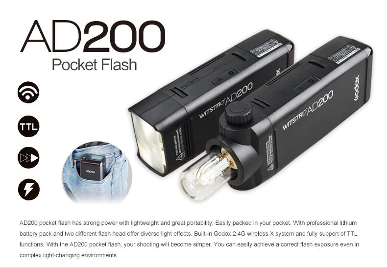 В наличии! GODOX AD200 TTL 2 4G HSS 1/8000s карманный фонарик с двойной головкой 200Ws литиевой