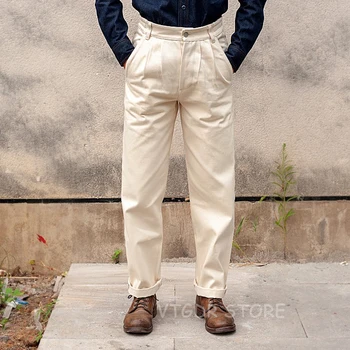 

Vintage 60s White Officer Pants Chino Selvage White Listed Men's Double Pleated Military Trousers Straight Regular Fit