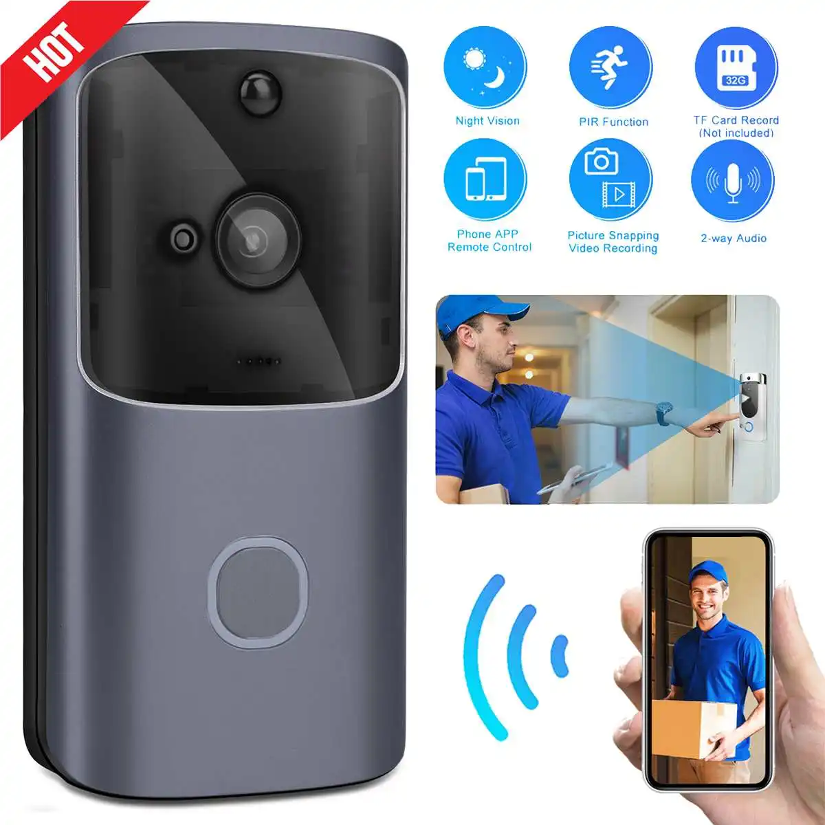 

HD WIFI Doorbell Wireless Video Door Bell Two-Way Intercom Smart PIR Motion Detection IP Camera IR Night Vision Home Security