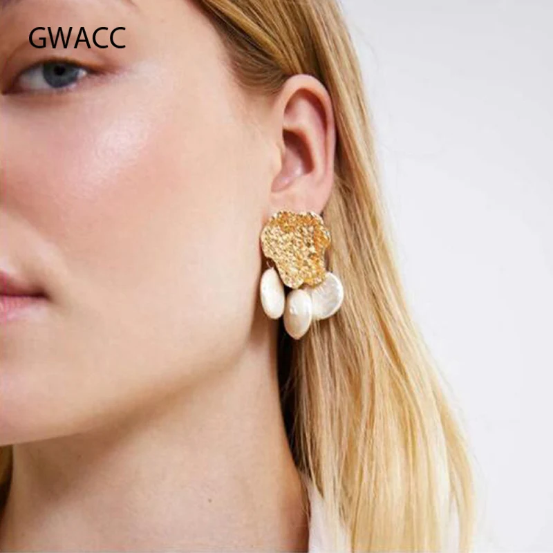

GWACC ZA NEW Design Personality Creative Irregular Piece Three Pearl pendant Women‘s Earrings Gold Color Metal Fashion Jewelry