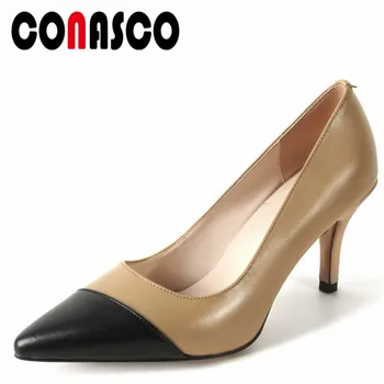 

CONASCO Brand Women Wedding Party Office Pumps Genuine Leather Four Season Pointed Toe Sexy Thin Heels Quality Shoes Woman