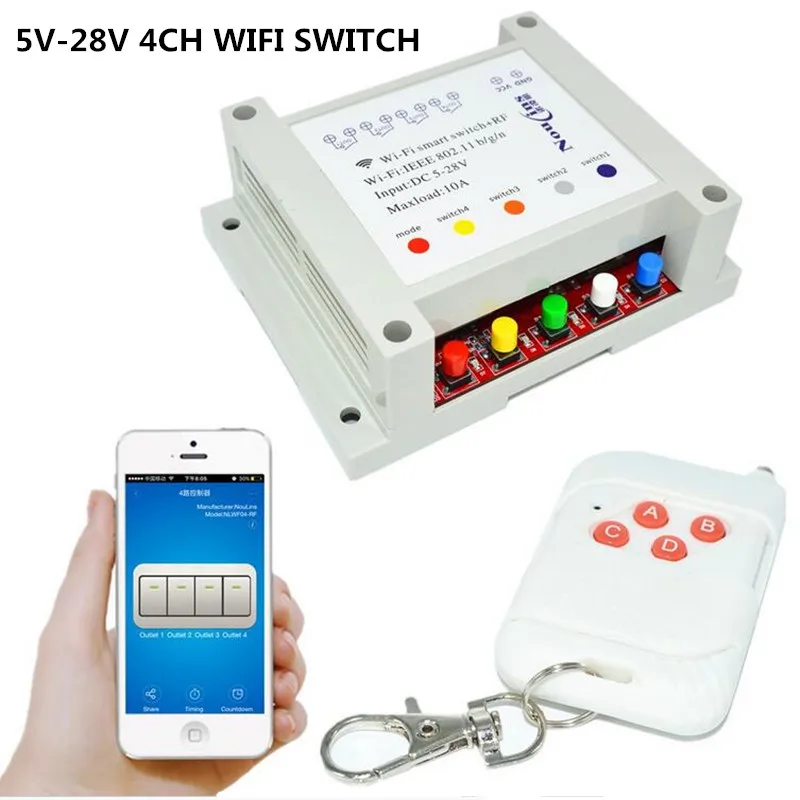 

4CH 12V Smart WIFI Switch Remote Control Light Switches 5-28V Timer Module, RF 433mhz Wireless Remoto for Garage Gate Automation