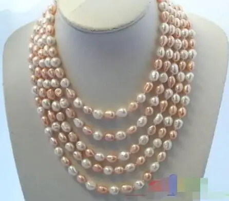 

Free Shipping >> p816 LONG 100" 10MM WHITE PINK BAROQUE FRESHWATER CULTURED PEARL NECKLACE