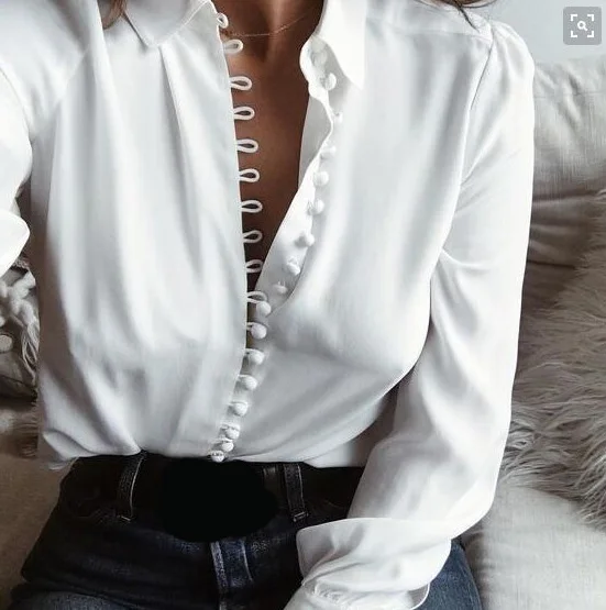 

Large size Ladies Blouse 2019 autumn new lapel long-sleeved button top casual solid color wild loose Women's shirt S-5XL