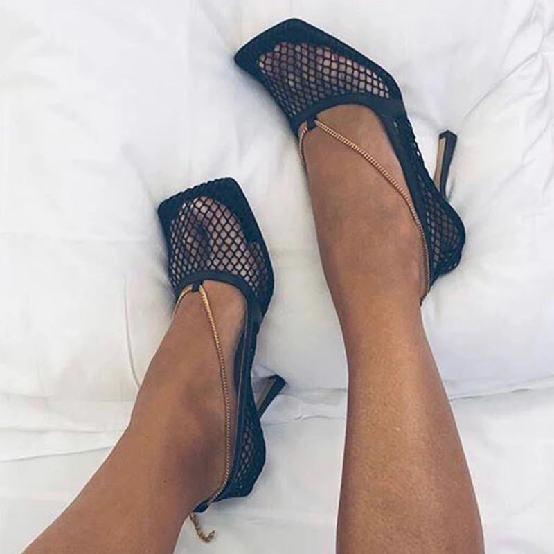 Mesh Pumps Hollow Out Women High Heel Shoes Square Toe Shoes Women Genuine Leather