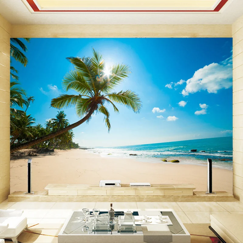 

Mediterranean Style Palm Beach Scenery Sea Beach Photo Wallpaper Living Room Hotel Backdrop Wall Mural Papel De Parede 3D Sala