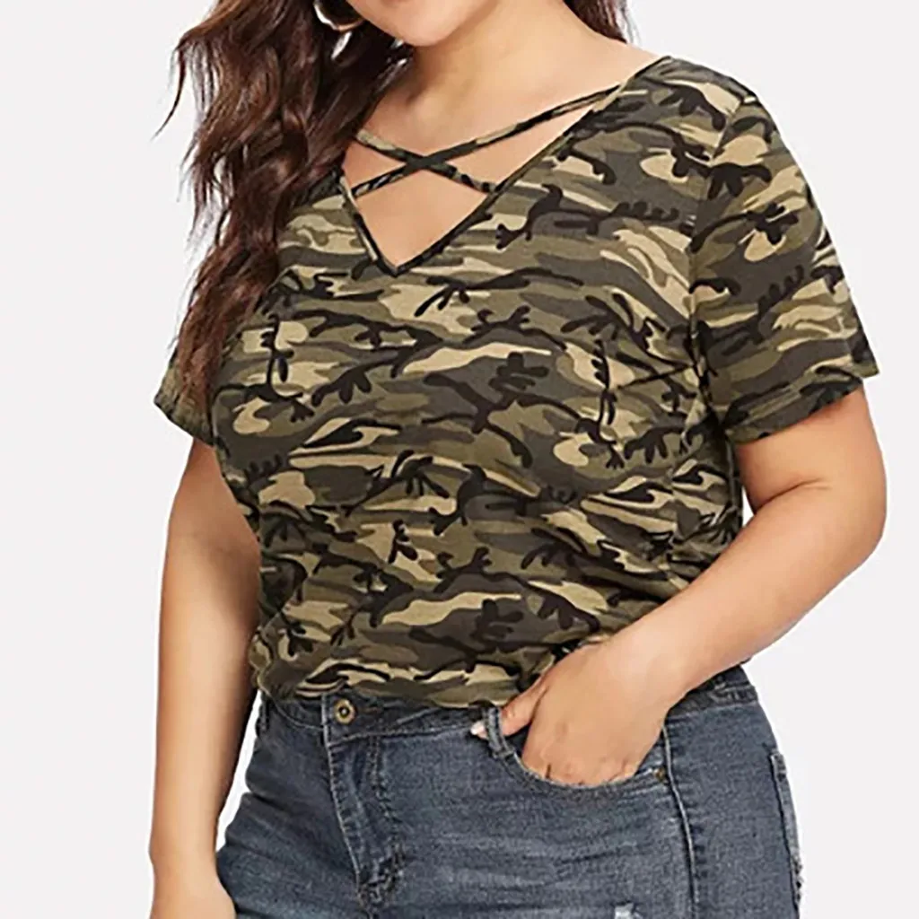 Fashion Casual V-Neck Plus Size Camouflage Hollow Out Tops T-Shirts Women