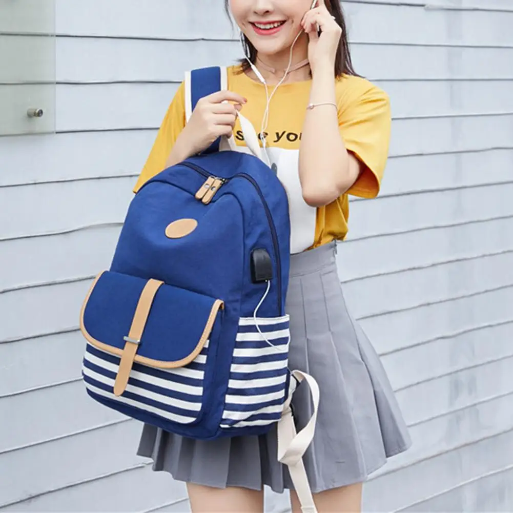 

2Pcs/Set Large Capacity Women Stripe Clutch Backpack with USB Port Travel School Shoulder Bag Backpack