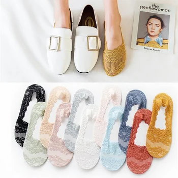 

yishine 10 Pairs 2019 Fashion Women Summer Transparent Lace Short Ankle Low Cut Socks Girls Non-slip Antiskid Invisible Boat Soc