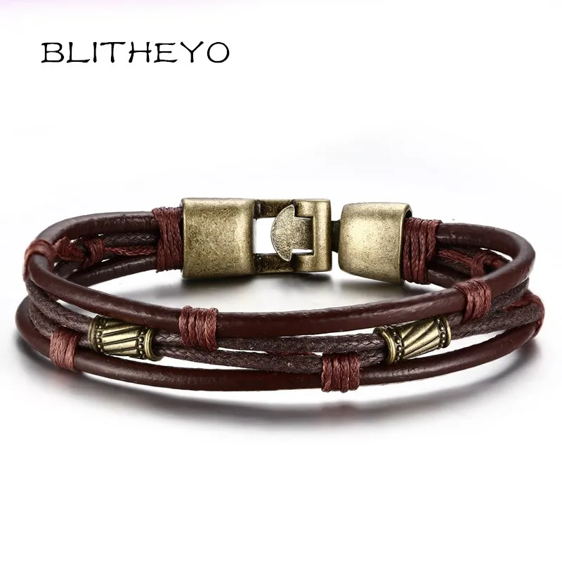 Blitheyo 2017 Винтаж Для мужчин кожаный браслет бронзовый сплав пряжки Классическая