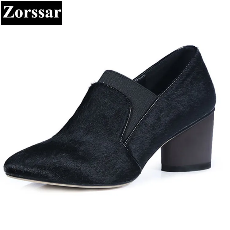 

2017 NEW Women's Pumps Genuine leather Horsehair Pointed toe Platform High heels Slip-on thick heels high-heeled Shoes Women