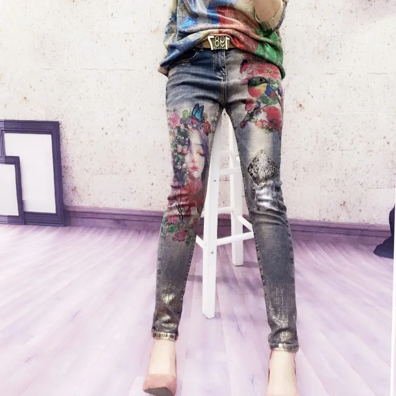 Photo color Новинка, хит, модные, с бронзовым принтом, бойфренды, обтягивающие, для женщин, mujer, рваные джинсы, женские шаровары, узкие брюки, Pantalones Vaqueros - Цвет: Photo color
