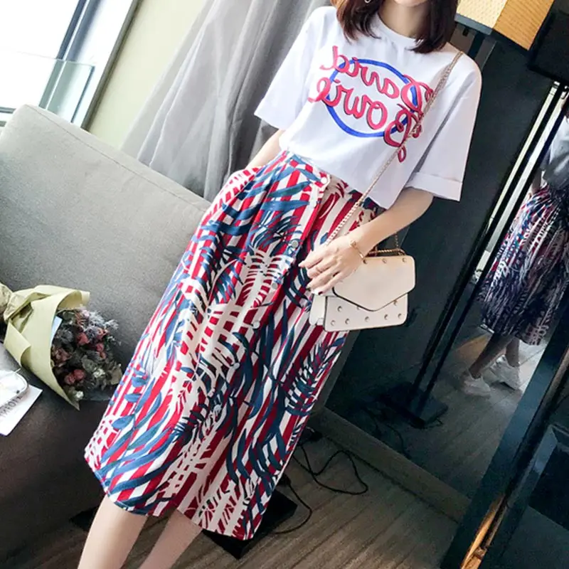 

Women's Two Piece Set spring Autumn wear Set Casual 2 Piece Sets For Feminine 2019 Slim T shirt Mid-Calf Print Skirt Ladies
