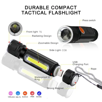 

USB Oplaadbare Zaklamp Mini Handheld Lamp COB Light Side Magneet 4 Modes Zoomable LED Zaklamp Waterdicht Tactische Zaklamp