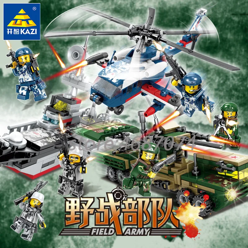 

6in1 Military Field Army Bricks Toy Helicopter Armored Car Fighter Building Blocks Figure Kids Boy Gifts