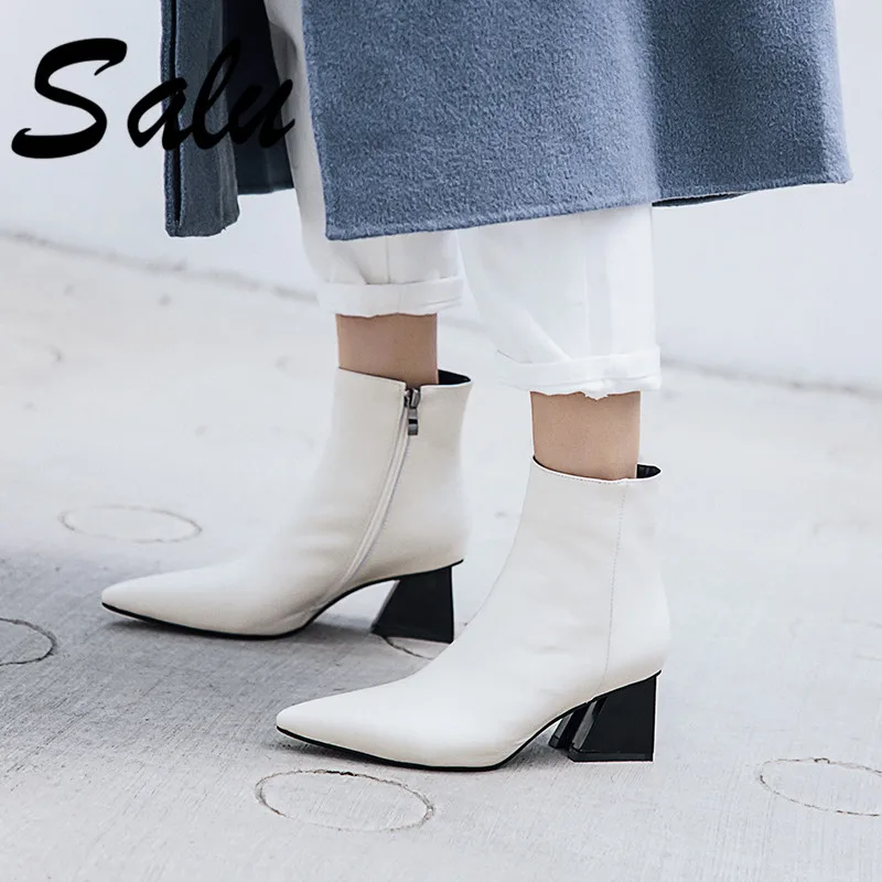 

Salu New Women's Boots Autumn Winter Genuine Leather Boots Basic High Top Ankle Boots Booties Square Heels Shoes Woman