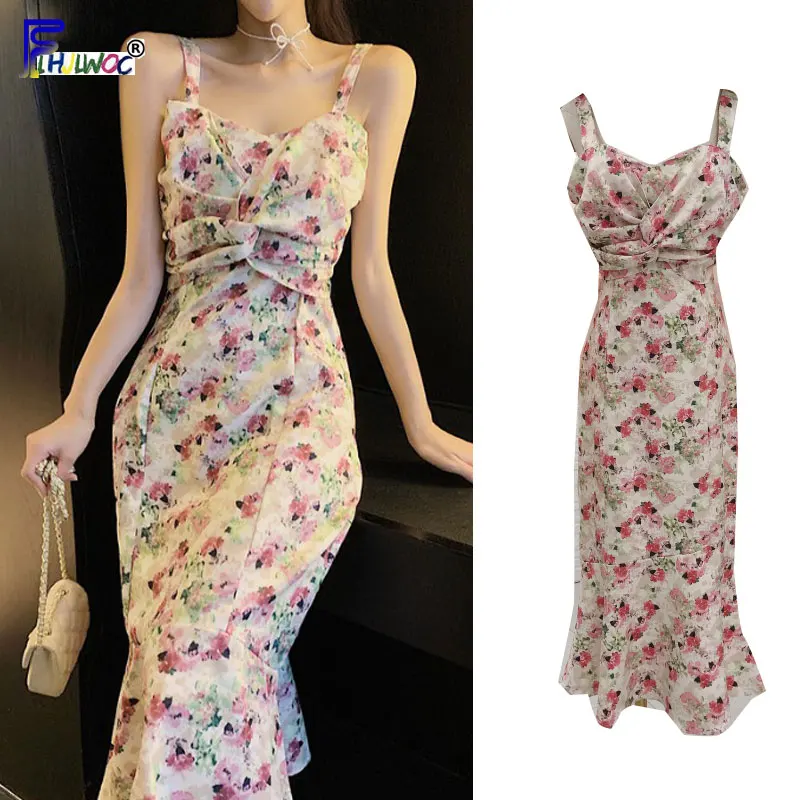 

Fishtail One-Piece Dresses Woman Slim Trumpet Florla Printed Party Holiday Sexy Strapless Mermaid Dress Korea Style Clothes 7307