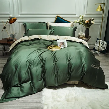 

Soft smooth spring summer bed sheets 4 pieces luxury 80s silk bedlinen Queen size reversible duvet cover white red green bedding